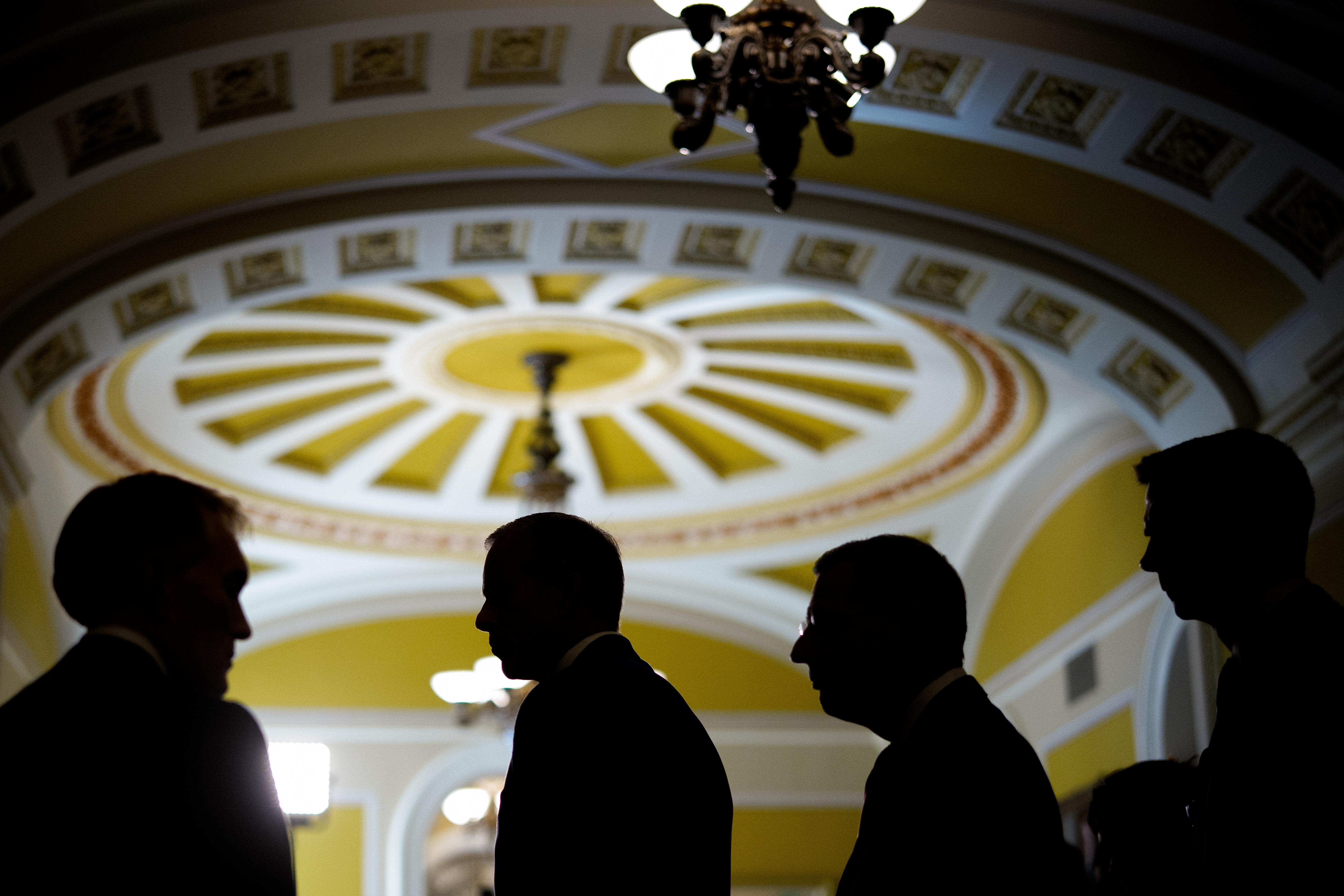 From left, Sen. James Lankford, R-Okla., Senate Majority Leader John Thune, R-S.D., Senate Majority Whip John Barrasso, R-Wyo., and Sen. Tom Cotton, R-Ark., step away from reporters following a Republican policy lunch at U.S. Capitol on Oct. 15, 2025. <br>